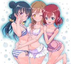 Rule 34 | 10s, 3girls, :d, ;), alternate hairstyle, aqua eyes, arched back, arms around waist, ass, asymmetrical docking, back, barefoot, beads, bikini, bikini skirt, blue bikini, blue hair, blunt bangs, blush, braid, breast press, breasts, brown eyes, brown hair, casual one-piece swimsuit, closed mouth, collarbone, commentary request, cowboy shot, crossover, demon horns, di gi charat, double bun, feet, frilled swimsuit, frills, from side, front-tie bikini top, front-tie top, gema, grin, hair bobbles, hair bun, hair ornament, hair over shoulder, hair ribbon, hair scrunchie, halftone, halterneck, hand on another&#039;s back, hand up, hands on another&#039;s shoulders, horns, hug, k10k, kunikida hanamaru, kurosawa ruby, leg lift, legs together, lens flare, light smile, long hair, looking at viewer, looking back, love live!, love live! sunshine!!, low twintails, medium breasts, midriff, multiple girls, navel, one-piece swimsuit, one eye closed, open mouth, outline, own hands together, parted bangs, pink one-piece swimsuit, polka dot, polka dot swimsuit, purple eyes, red hair, ribbon, scrunchie, side-tie bikini bottom, side bun, single braid, single side bun, small breasts, smile, standing, standing on one leg, striped bikini, striped clothes, swimsuit, tsushima yoshiko, twintails, v, v over eye, white background, white bikini, yellow eyes