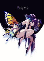 Rule 34 | 1girl, bad id, bad pixiv id, bare shoulders, black background, black gloves, black leotard, bow, brown bow, butterfly wings, closed eyes, closed mouth, commentary request, diagonal bangs, full body, gloves, hair bow, high heels, highres, idolmaster, idolmaster shiny colors, insect wings, leotard, minyom, purple eyes, purple footwear, purple hair, shadow, shoes, solo, tanaka mamimi, twintails, two-tone background, white background, wings