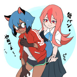 Rule 34 | 2girls, animal ears, black skirt, blue eyes, blue hair, blue shorts, blush, body fur, brand new animal, claws, clenched hand, commentary, fang, furry, furry female, furry with non-furry, hand on own cheek, hand on own face, hiwatashi nazuna, hoyon, interspecies, jacket, kagemori michiru, lifting own clothes, long hair, multiple girls, open mouth, pink eyes, pink hair, raccoon ears, raccoon girl, raccoon tail, red jacket, school uniform, shirt, short hair, short shorts, shorts, shorts lift, skirt, smile, sweatdrop, tail, tank top, track jacket, translated, white shirt, white tank top, yuri