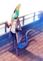 Rule 34 | clothed pokemon, commentary request, creature, creatures (company), cup, furry, game freak, gen 8 pokemon, glasses, hand on own hip, highres, holding, holding cup, inteleon, kotomuku, looking at viewer, nintendo, pokemon, pokemon (creature), ribbed sweater, shadow, solo, standing, steam, sweater, yellow eyes