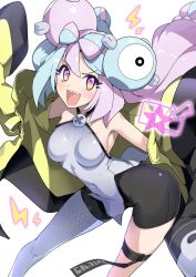 Rule 34 | 1girl, blue hair, bow-shaped hair, breasts, character hair ornament, covered navel, creatures (company), game freak, hair ornament, halcon, hexagon print, highres, iono (pokemon), jacket, long hair, looking at viewer, low-tied long hair, medium breasts, multicolored hair, nintendo, oversized clothes, pink eyes, pink hair, pokemon, pokemon sv, sharp teeth, simple background, sleeves past fingers, sleeves past wrists, standing, teeth, twintails, two-tone hair, very long hair, very long sleeves, white background, yellow jacket