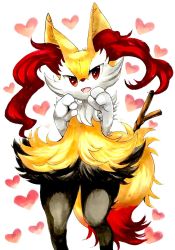 Rule 34 | 1girl, animal ear fluff, animal ears, animal nose, black fur, body fur, braixen, creatures (company), female focus, flat chest, fox ears, fox girl, fox tail, furry, furry female, game freak, gen 6 pokemon, hands up, happy, heart, heart background, highres, looking at viewer, marker (medium), mofuo, nintendo, open mouth, pokemon, pokemon (creature), red eyes, simple background, smile, snout, solo, standing, stick, tail, traditional media, white background, white fur, yellow fur