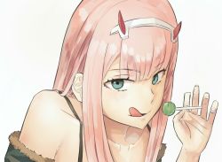 10s 1girl :q bad_id bad_pixiv_id candy collarbone darling_in_the_franxx female_focus food green_eyes hairband hani_haya holding holding_candy holding_food holding_lollipop horns lollipop long_hair looking_at_viewer pink_hair simple_background solo tongue tongue_out upper_body white_background white_hairband zero_two_(darling_in_the_franxx)