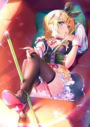 Rule 34 | :o, alternate costume, ayamori mimi, black hairband, black thighhighs, blonde hair, blue eyes, blush, bow, breasts, choker, cleavage, corset, couch, cross-laced clothes, detached collar, diffraction spikes, dress, duster, earrings, enmaided, evening, frilled dress, frills, from above, garter straps, hair bow, hair ornament, hairband, hairclip, hand on own knee, high heels, highres, holding, holding duster, indoors, jewelry, kagamine rin, layered skirt, legs up, lens flare, long hair, looking at viewer, lying, maid, nail polish, naughty face, on back, open mouth, pinky out, puckered lips, puffy short sleeves, puffy sleeves, red nails, ring, see-through, shiny clothes, short sleeves, sidelocks, sideways glance, skirt, small breasts, solo, swept bangs, tareme, thighhighs, underbust, vocaloid, wrist cuffs, zettai ryouiki