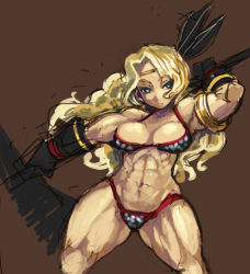 Rule 34 | 1girl, abs, amazon (dragon&#039;s crown), armlet, armor, axe, bare shoulders, bikini armor, blonde hair, breasts, circlet, dragon&#039;s crown, gloves, green eyes, halberd, large breasts, long hair, muscular, muscular female, polearm, shigehiro (hiroi heya), solo, thick thighs, thighs, vanillaware, weapon