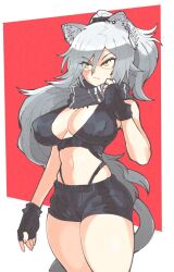 1girl animal_ear_fluff animal_ear_piercing animal_ears arknights bare_shoulders black_gloves black_scarf black_shorts breasts cat_ears cat_girl cat_tail cleavage cowboy_shot crop_top curvy fingerless_gloves frown gloves grey_hair hair_between_eyes hand_up highres inkerton-kun large_breasts long_hair navel panty_straps ponytail scarf schwarz_(arknights) short_shorts shorts sleeveless solo striped_clothes striped_scarf tail thighs v-shaped_eyebrows yellow_eyes