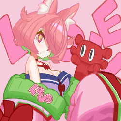 Rule 34 | + +, 1girl, animal ear fluff, animal ears, azuchi momo, bare shoulders, breasts, cleavage, english text, from side, hair over one eye, holding, jacket, large breasts, lowres, multicolored hair, nijisanji, open mouth, oversized clothes, pink eyes, pink hair, pink jacket, short hair, solo, two-tone hair, upper body, virtual youtuber, yuuki (irodo rhythm)