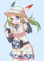 Rule 34 | 10s, 1girl, black-framed eyewear, blue background, blue eyes, blush, breast pocket, bucket hat, camouflage, collar, cowboy shot, dot nose, glasses, gloves, green hair, hair ornament, hair ribbon, hand in own hair, hat, hat feather, jacket, kawanobe, kemono friends, layered sleeves, long hair, long sleeves, looking at viewer, mirai (kemono friends), open mouth, pink ribbon, pocket, ribbon, safari jacket, semi-rimless eyewear, short over long sleeves, short sleeves, simple background, smile, solo, teeth, under-rim eyewear, upper teeth only, white gloves, white hat, wind