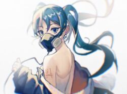 Rule 34 | 1girl, arm tattoo, blue eyes, blue hair, crypton future media, dress, gas mask, hatsune miku, highres, itooku, long hair, looking at viewer, mask, mask on head, tattoo, twintails, vocaloid boxart pose