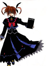 Rule 34 | 1girl, alternate color, bow, brown hair, dark persona, death note, death note (object), fingerless gloves, gloves, lyrical nanoha, magical girl, mahou shoujo lyrical nanoha, mahou shoujo lyrical nanoha a&#039;s, parody, red bow, red hair, solo, takamachi nanoha, third-party edit, twintails, white devil