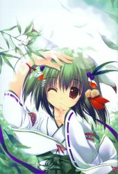 Rule 34 | 1girl, absurdres, animal ears, day, green hair, green hakama, hair ornament, hakama, hakama skirt, highres, japanese clothes, kimono, leaf, lens flare, long sleeves, miko, one eye closed, red eyes, ribbon, scan, shading eyes, short hair, skirt, solo, tenmu shinryuusai, upper body, wind, wink