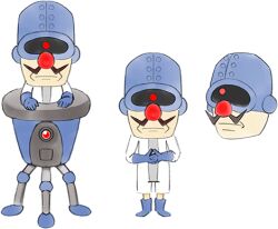 Rule 34 | 1boy, big nose, blue footwear, blue gloves, cyborg, dr. crygor, facial hair, gloves, lab coat, looking at viewer, lowres, machine, multiple views, mustache, nintendo, official art, red nose, takeuchi kou, third-party source, warioware, warioware: get it together!
