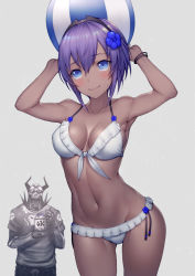Rule 34 | 1boy, 1girl, armpits, arms up, ball, bare shoulders, beachball, bikini, black hairband, blush, breasts, cleavage, collarbone, dark-skinned female, dark skin, fate/grand order, fate/prototype, fate/prototype: fragments of blue and silver, fate (series), flower, hair between eyes, hair flower, hair ornament, hairband, hassan of serenity (fate), horns, king hassan (fate), kyoeiki, looking at viewer, mask, medium breasts, navel, purple eyes, purple hair, skull mask, smile, sunglasses, swimsuit, thighs, white bikini