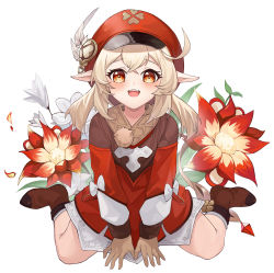 Rule 34 | 1girl, :d, absurdres, ahoge, arm support, boots, brown footwear, brown gloves, brown scarf, cabbie hat, clover print, coat, commentary request, flexible, floral background, full body, genshin impact, gloves, hair between eyes, hat, hat feather, hat ornament, highres, klee (genshin impact), knee boots, kneehighs, lan xiezi, light brown hair, long hair, long sleeves, looking at viewer, low twintails, open mouth, orange eyes, pointy ears, red coat, red hat, scarf, sidelocks, simple background, sitting, smile, socks, solo, twintails, v arms, wariza
