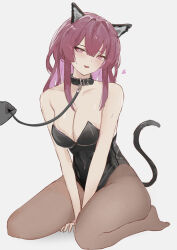 Rule 34 | 1girl, 1other, :d, absurdres, animal ears, bare arms, bare shoulders, black choker, black leotard, cat ears, cat tail, choker, commentary request, fake animal ears, fake tail, grey background, heart, highres, honkai: star rail, honkai (series), kafka (honkai: star rail), leash, leotard, long hair, looking at viewer, no shoes, open mouth, pantyhose, purple eyes, purple hair, simple background, smile, solo focus, strapless, strapless leotard, tail, thighs, wawamachi (wawamachis)