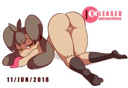 Rule 34 | 1girl, animated, animated gif, artist name, ass, ass shake, black socks, blush, brown hair, cleft of venus, creatures (company), dark-skinned female, dark skin, diives, female focus, from behind, full body, game freak, green eyes, half-closed eyes, kneehighs, looking at viewer, looking back, naked necktie, naughty face, necktie, nintendo, nude, patreon username, pokemon, pokemon xy, pussy, seductive smile, shauna (pokemon), simple background, smile, socks, solo, top-down bottom-up, twintails, uncensored, white background