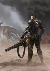Rule 34 | 1boy, ammunition belt, brown hair, dust, earpiece, fire, from behind, gatling gun, gun, highres, holding, holding gun, holding weapon, looking to the side, male focus, original, power suit, profile, puz lee, shell casing, short hair, smoke, solo, standing, weapon
