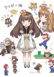 Rule 34 | +++, 1boy, 3girls, ?, anger vein, arrow (symbol), bad id, bad pixiv id, blonde hair, bloomers, blunt bangs, blush, bowsette, brown hair, character name, cnm, dust cloud, facial hair, fang, fang out, fangs, flying sweatdrops, goomba, grass, hand on another&#039;s head, headpat, highres, horns, jumping, kemonomimi mode, long hair, luigi&#039;s mansion, mario, mario (series), mary janes, motion lines, multiple girls, multiple views, mustache, new super mario bros. u deluxe, nintendo, nose blush, overalls, paw pose, paw print, princess king boo, puffy short sleeves, puffy sleeves, purple eyes, shoes, short sleeves, spoken anger vein, super crown, super mario 3d world, underwear, v-shaped eyebrows, waving arm, white hair