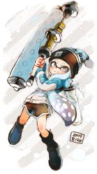 Rule 34 | 1girl, bad id, bad twitter id, beanie, black footwear, black shorts, blue hair, blue hat, blue jacket, blunt bangs, boots, closed mouth, commentary, dated, dolphin shorts, dynamo roller (splatoon), full body, gradient hair, grey eyes, grey hair, gym shorts, harutarou (orion 3boshi), hat, highres, holding, holding weapon, ink tank (splatoon), inkling, inkling girl, inkling player character, jacket, jumping, logo, long hair, long sleeves, looking at viewer, multicolored hair, nintendo, pointy ears, short shorts, shorts, smile, solo, splatoon (series), splatoon 1, tentacle hair, weapon