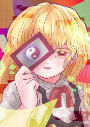 Rule 34 | 100th black market, 1girl, absurdres, black vest, blonde hair, blush, bow, bowtie, card, commentary, glitch, highres, holding, holding card, kazamichisha, kirisame marisa, long hair, looking at viewer, no headwear, one eye covered, open mouth, parted lips, red bow, red bowtie, red eyes, shirt, solo, touhou, upper body, vest, white shirt