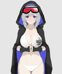 Rule 34 | 1girl, absurdres, arknights, bikini, black cape, black gloves, blue eyes, blush, cape, cowboy shot, embarrassed, fingerless gloves, full-face blush, gloves, goggles, goggles on head, grey hair, highres, hood, hood up, hooded cape, kinoko hakushaku, long hair, looking at viewer, mulberry (arknights), navel, parted lips, solo, swimsuit, thigh gap, white bikini