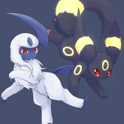 Rule 34 | absol, animal focus, blue background, claws, closed mouth, colored sclera, creatures (company), game freak, gen 2 pokemon, gen 3 pokemon, highres, komunyan, nintendo, no humans, pokemon, pokemon (creature), red eyes, red sclera, simple background, slit pupils, umbreon, white hair