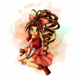 Rule 34 | 1990s (style), 1girl, aerith gainsborough, bad id, bad pixiv id, boots, bow, brown hair, cropped jacket, dattyo, dress, drill hair, final fantasy, final fantasy vii, green eyes, hair bow, pink bow, pink dress, ponytail, smile, solo