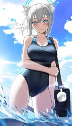 Rule 34 | 1girl, absurdres, animal ear fluff, arm at side, bag, bare shoulders, blue archive, blue eyes, blush, breasts, cameltoe, cleavage, cloud, collarbone, competition swimsuit, covered navel, cross hair ornament, day, gluteal fold, grey hair, groin, hair ornament, halo, highres, holding own arm, large breasts, looking at viewer, medium hair, mismatched pupils, one-piece swimsuit, outdoors, ponytail, shiroko (blue archive), shiroko (swimsuit) (blue archive), shoulder bag, solo, sparkle, su (septyanss), swimsuit, wading, water, wet