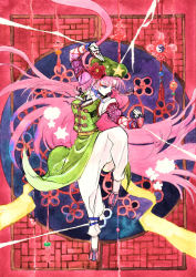 Rule 34 | 1girl, amano miyabi, blunt bangs, chinese clothes, dress, female focus, fighting stance, green dress, hong meiling, leg up, long hair, long sleeves, red eyes, solo, standing, standing on one leg, star (symbol), touhou, very long hair