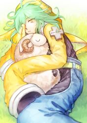 Rule 34 | 1boy, animal, animal hug, blue pants, dated, fon-due (fonfon), green hair, hat, houshin engi, jacket, long hair, looking at viewer, lying, male focus, on grass, on side, one eye covered, pants, parted lips, sheep, sleeves past fingers, sleeves past wrists, taijou roukun, yellow eyes, yellow hat, yellow jacket