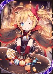 Rule 34 | 1girl, age regression, akkijin, alchemist (shinkai no valkyrie), bat wings, blonde hair, blue eyes, candy, card (medium), food, gloves, hair ornament, hair ribbon, halloween, halloween costume, hat, night, night sky, one eye closed, pumpkin, red gloves, red ribbon, ribbon, shinkai no valkyrie, sky, solo, star (sky), starry sky, vampire costume, village, wings, witch, witch hat, aged down