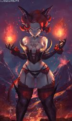 Rule 34 | bare shoulders, black legwear, black panties, boots, breasts, buster, collar, cutesexyrobutts, dragon horns, dragon tail, elbow gloves, fire, garter belt, garter straps, gloves, gluteal fold, highres, horns, lava, looking at viewer, narrow waist, original, panties, pointy ears, pyrokinesis, red hair, red legwear, short hair, signature, small breasts, tail, thick thighs, thigh boots, thighhighs, thighhighs under boots, thighs, underwear, volcano, wide hips, yellow eyes