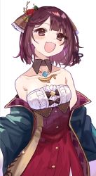 Rule 34 | 1girl, :d, atelier (series), atelier sophie, atelier sophie 2, bare shoulders, black jacket, blush, braid, breasts, brown eyes, brown hair, center frills, cleavage, collarbone, commentary request, dress, fang, flower, frills, hair flower, hair ornament, highres, jacket, looking at viewer, off shoulder, open clothes, open jacket, open mouth, purple hair, red dress, red flower, red rose, rose, ryuuno6, short hair, small breasts, smile, solo, sophie neuenmuller, strapless, white background
