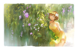 Rule 34 | 1girl, arms behind back, bad id, bad pixiv id, bare shoulders, border, breasts, brown hair, cleavage, closed mouth, collarbone, commentary request, day, flower, frilled sleeves, frills, hair flower, hair ornament, half-closed eyes, highres, large breasts, leaning forward, legs together, long sleeves, looking at viewer, nature, original, outdoors, purple eyes, purple flower, see-through, see-through silhouette, see-through sleeves, short hair, smile, solo, standing, white border, white flower, yahiro (heartseek000)