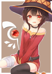 Rule 34 | 10s, 1girl, bandaged leg, bandages, belt, between legs, black hair, black thighhighs, blush, cape, collar, dress, hat, highres, kono subarashii sekai ni shukufuku wo!, looking at viewer, megumin, mokichi812, open mouth, own hands together, red dress, red eyes, short hair, simple background, single thighhigh, sitting, smile, solo, staff, thighhighs, v arms, wariza, witch hat