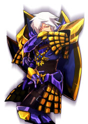 Rule 34 | 1boy, alternate color, armor, armored boots, boots, breastplate, commentary request, emon-yu, feet out of frame, garter straps, hair over one eye, looking at viewer, male focus, pauldrons, purple armor, ragnarok online, red eyes, royal guard (ragnarok online), shield, short hair, shoulder armor, simple background, solo, white background, white hair