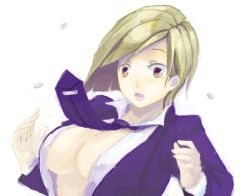 Rule 34 | 1990s (style), 1girl, blonde hair, breasts, brown eyes, cleavage, elena (ff7), female focus, final fantasy, final fantasy vii, formal, koh a, large breasts, necktie, open clothes, open shirt, retro artstyle, shirt, short hair, solo, square enix, suit, turks (ff7), wardrobe malfunction, white background