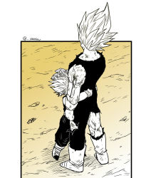 Rule 34 | 2boys, bare shoulders, black border, blood, blood on arm, bodysuit, boots, border, child, commentary request, dougi, dragon ball, dragonball z, father and son, from behind, gloves, hand on another&#039;s head, hug, majin vegeta, male focus, multiple boys, muscular, muscular male, outside border, scuffed, senka-san, spiked hair, spot color, standing, super saiyan, super saiyan 1, super saiyan 2, torn clothes, trunks (dragon ball), twitter username, vegeta, veins, wristband