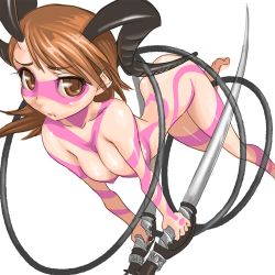 Rule 34 | 1girl, atlus, bodypaint, breasts, brown eyes, brown hair, cosplay, cybele, cybele (cosplay), cybele (megami tensei), demon, demon girl, dual wielding, holding, horns, indee, large breasts, leaning forward, lowres, naked paint, nude, persona, persona 3, short hair, solo, sword, takeba yukari, weapon