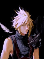Rule 34 | 1boy, armor, black background, black feathers, blonde hair, blue eyes, chocobowings, closed mouth, cloud strife, commentary, english commentary, feathers, final fantasy, final fantasy vii, final fantasy vii rebirth, final fantasy vii remake, highres, male focus, portrait, shirt, short hair, shoulder armor, single shoulder pad, sleeveless, sleeveless turtleneck, spiked hair, suspenders, turtleneck, white feathers