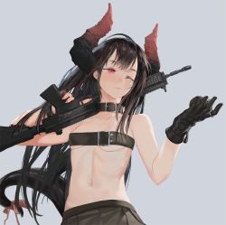 Rule 34 | 1girl, bangosu, bare arms, bare shoulders, belt, belt buckle, belt bra, black belt, black gloves, black hair, black skirt, blush, buckle, collarbone, commentary request, curled horns, dragon girl, dragon horns, dragon tail, explosive, fingernails, gloves, grenade, grey background, gun, holding, holding gun, holding weapon, horns, light smile, long hair, looking away, looking to the side, nail polish, navel, one eye closed, over shoulder, pink nails, pleated skirt, red eyes, simple background, single glove, skirt, solo, tail, very long hair, vgaming, virtual youtuber, weapon, weapon over shoulder, weapon request, yoruno yui
