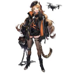 Rule 34 | 1girl, :d, animal ear fluff, animal ears, arknights, ball and chain (weapon), beret, black coat, black footwear, black hat, black jacket, black skirt, blonde hair, boots, bow, bowtie, breasts, brown thighhighs, chain, coat, collared shirt, curly hair, drill hair, drone, fang, flail, full body, green eyes, hand up, hat, high-waist skirt, high heel boots, high heels, holding, holding weapon, jacket, jacket on shoulders, knee pads, large breasts, long hair, long sleeves, looking at viewer, official art, open mouth, orange bow, orange bowtie, pouch, shirt, sidelocks, single knee pad, skirt, smile, solo, striped tail, swire (arknights), tachi-e, tail, tail ornament, tail ring, thigh pouch, thigh strap, thighhighs, tiger ears, tiger girl, tiger tail, transparent background, very long hair, weapon, white shirt, xiayehongming