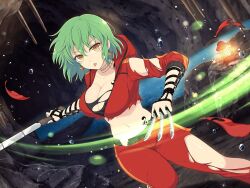 Rule 34 | 1girl, attack, between fingers, black sports bra, breast tattoo, breasts, cave, cave interior, cleavage, collarbone, crop top, earrings, green hair, hikage (senran kagura), holding, holding knife, hood, hooded jacket, hooded track jacket, jacket, jewelry, knife, knives between fingers, lantern, large breasts, light particles, linea alba, looking at viewer, motion lines, navel, official alternate costume, official art, pants, red track suit, rock, senran kagura, senran kagura new link, senran kagura shoujo-tachi no shin&#039;ei, shiny skin, short hair, slashing, slit pupils, solo, sparkle, sports bra, stalactite, tattoo, tongue, tongue out, torn clothes, torn jacket, torn pants, torn sleeve, torn sports bra, track jacket, track pants, underground, water, water drop, yaegashi nan, yellow eyes