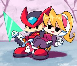 Rule 34 | 1boy, 1girl, ass, black eyes, blonde hair, carrying, ciel (mega man), clenched hand, commentary, english commentary, friday night funkin&#039;, helmet, highres, holding, holding sword, holding weapon, ichduhernz, long hair, mega man (series), mega man zero (series), parody, smile, style parody, sword, weapon, z saber, zero(z) (mega man), zero (mega man)