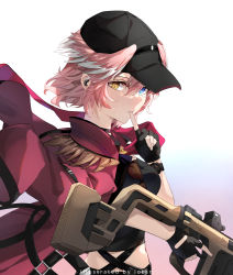 Rule 34 | 1girl, baseball cap, black gloves, blue eyes, finger to mouth, fingerless gloves, gloves, gun, hair between eyes, hat, head wings, heterochromia, highres, holding, holding gun, holding weapon, hololive, iotan twi, jacket, looking at viewer, parted lips, pink hair, red jacket, short hair, simple background, solo, takane lui, upper body, virtual youtuber, weapon, wings, yellow eyes