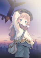 Rule 34 | 1girl, aircraft, airplane, bag, belt buckle, blue bag, blue skirt, breath, brown gloves, brown scarf, brown shirt, buckle, cabbie hat, child, cityscape, commentary request, denim, from below, gloves, green shirt, hat, highres, jeans, layered clothes, light brown hair, long hair, long sleeves, looking down, no nose, original, outdoors, pants, parted lips, pastel colors, plaid, plaid headwear, plaid shirt, pop (electromagneticwave), scarf, shirt, shoulder bag, skirt, solo, sunrise, sweater, white sweater, winter, winter clothes