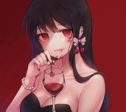 Rule 34 | 1girl, bare shoulders, black hair, blood, blood on face, bow, bracelet, breasts, cherry, cleavage, closed mouth, collarbone, cup, drinking glass, earrings, fang, fang out, fingernails, food, fruit, head tilt, holding, holding food, jewelry, long hair, looking at viewer, md5 mismatch, medium breasts, nail polish, original, ozzingo, pearl bracelet, pink bow, red background, red eyes, red nails, resolution mismatch, sharp fingernails, simple background, solo, strapless, upper body, wine glass