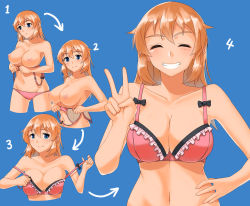 Rule 34 | 1girl, areola slip, armpits, blue background, blue eyes, blush, bra, bra pull, breasts, brown hair, charlotte e. yeager, clothes pull, collarbone, cowboy shot, cropped torso, dressing, groin, hair between eyes, hand on own hip, highres, hiroshi (hunter-of-kct), large breasts, legs apart, looking at viewer, multiple views, navel, nipples, panties, pink bra, pink panties, simple background, smile, standing, strike witches, underwear, underwear only, v, world witches series