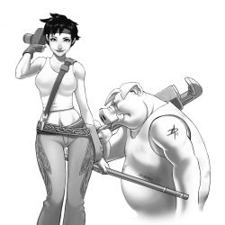 Rule 34 | 1boy, 1girl, animal ears, belt, beyond good and evil, breasts, camera, crop top, fingerless gloves, gloves, greyscale, headband, jade, lips, midriff, monochrome, muscular, nail polish, nose, pants, pey&#039;j, pig ears, pig snout, polarityplus, scar, short hair, signature, single glove, staff, tattoo, tusks, unfinished, wrench