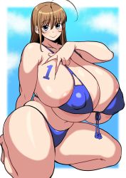 Rule 34 | 1girl, bikini, blue bikini, blue eyes, body writing, breasts, brown hair, covered erect nipples, female focus, gigantic breasts, highres, komusou (jinrikisha), long hair, looking at viewer, number tattoo, original, partially undressed, plump, simple background, solo, swimsuit, tattoo, v